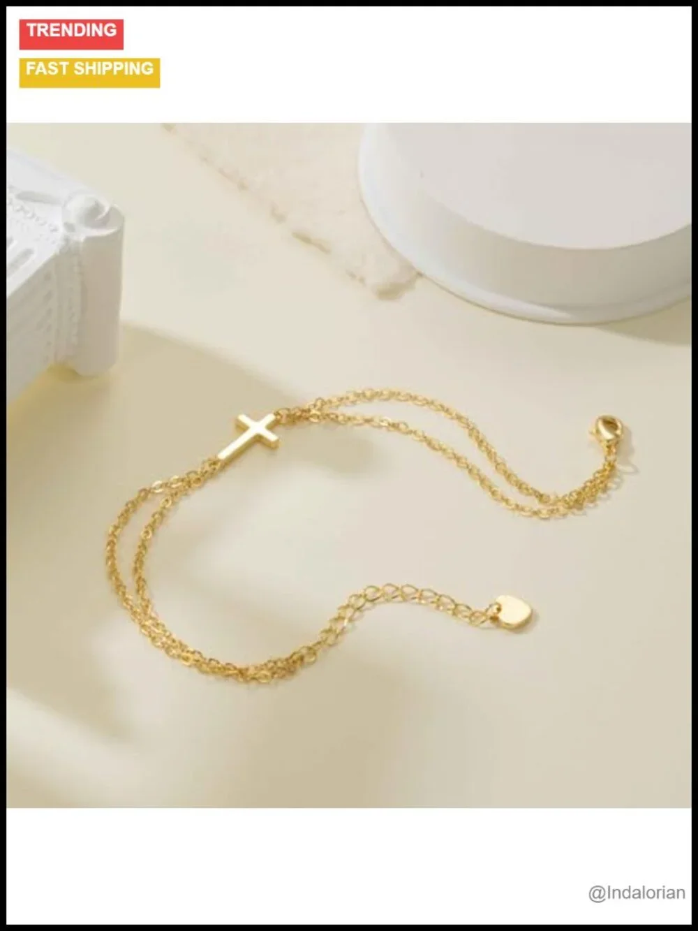 14K Gold Plated Sideways Cross Bracelet Layered Double Chain Adjustable